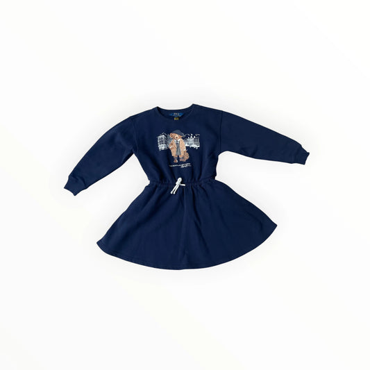 Pierrot Outlet donkerblauwe Polo Ralph Lauren gebreide jurk met lange mouwen en iconische Polo Bear print