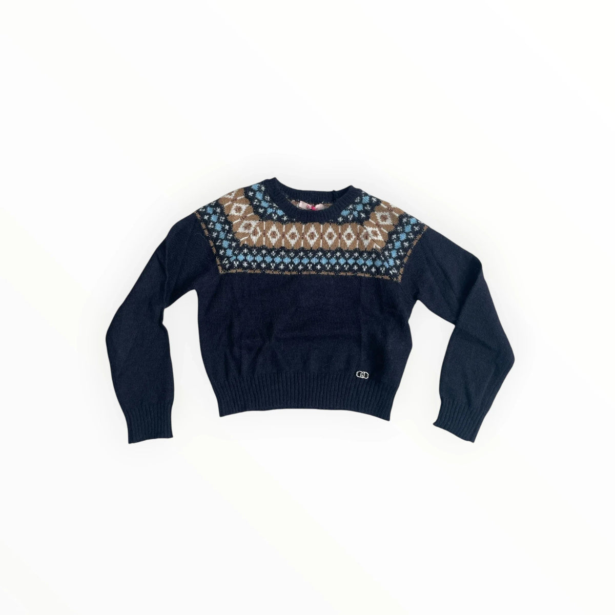 Pierrot Outlet donkerblauwe gebreide trui met Scandinavisch Fair Isle-patroon in bruin en blauw bij de halslijn