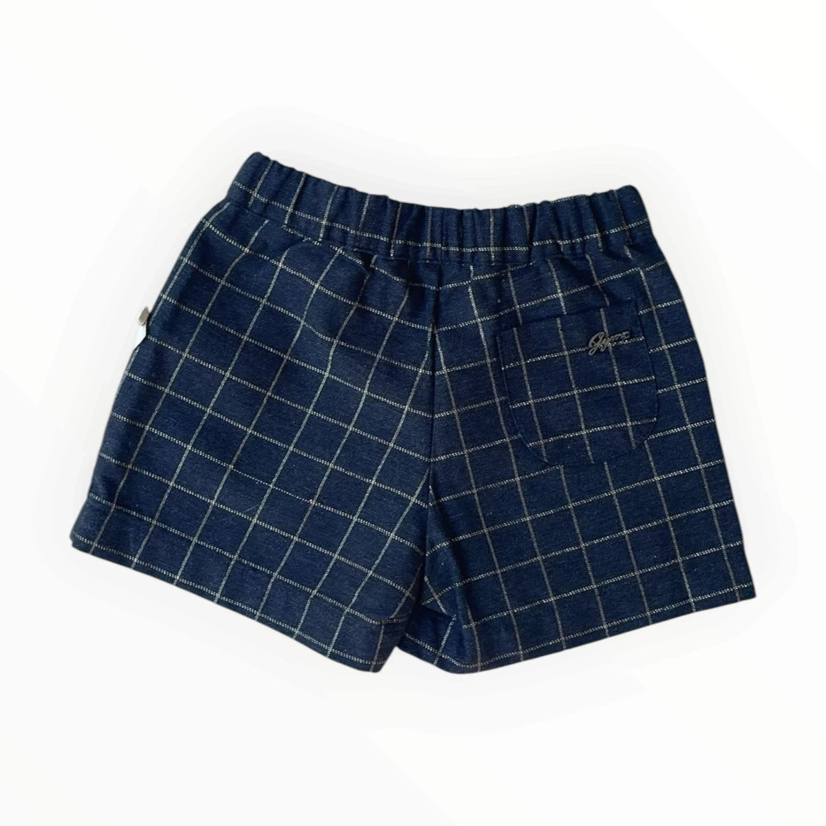Pierrot Outlet meisjes short in donkerblauw met wit ruitpatroon, elastische tailleband en achterzak met borduursel.