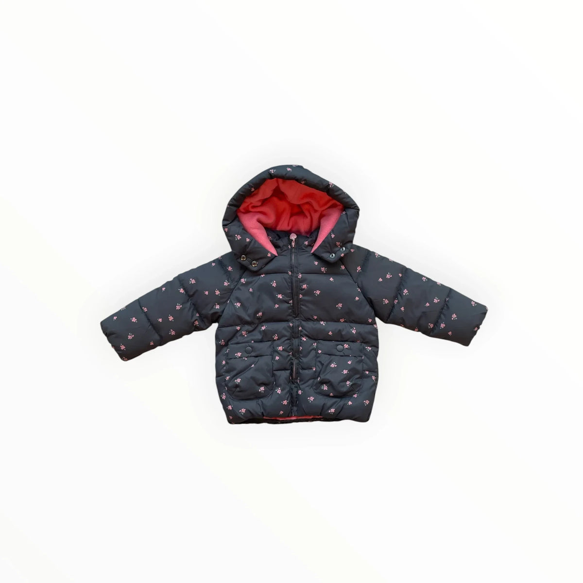 Pierrot Outlet donkerblauwe gewatteerde winterjas voor kinderen met bloemenprint en felroze voering en capuchon