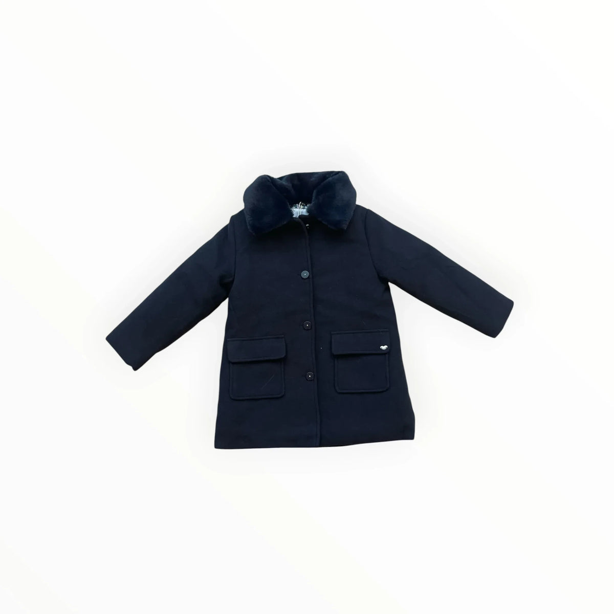 Pierrot Outlet donkerblauwe kinderwinterjas met elegante kraag van imitatiebont en knoopsluiting