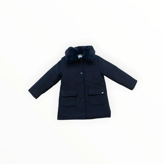Pierrot Outlet donkerblauwe kinderwinterjas met elegante kraag van imitatiebont en knoopsluiting