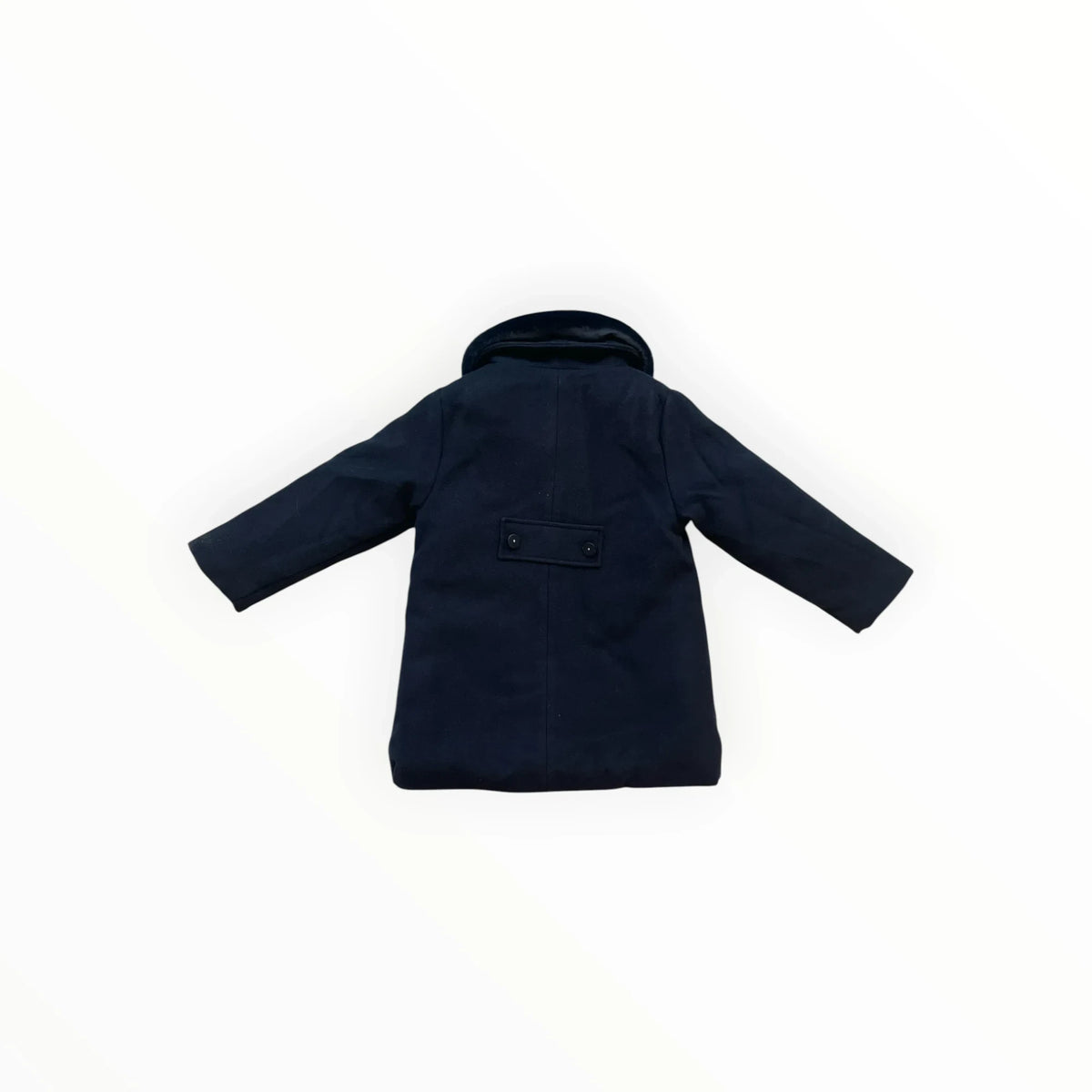 Pierrot Outlet donkerblauwe klassieke winterjas voor kinderen met kraag en decoratieve riemdetail op de rug