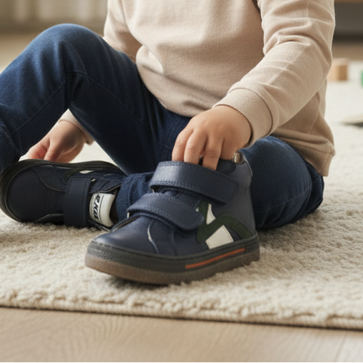 Pierrot Outlet donkerblauwe leren kinderschoenen met klittenband gedragen door een kind zittend op een vloerkleed.