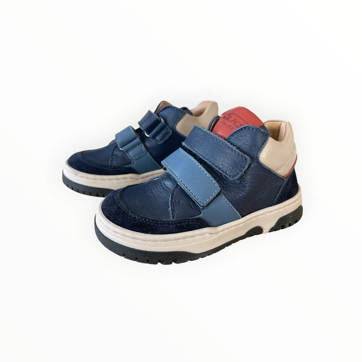 Pierrot Outlet donkerblauwe leren kindersneakers met klittenband, beige accenten en stevige profielzool
