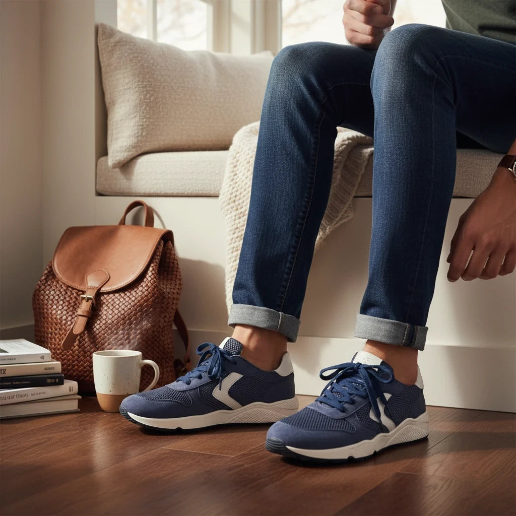 Pierrot Outlet donkerblauwe sneakers van mesh en suède met witte zool, gedragen onder een jeans in een interieur.