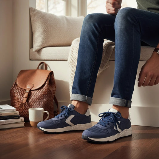Pierrot Outlet donkerblauwe sneakers van mesh en suède met witte zool, gedragen onder een jeans in een interieur.