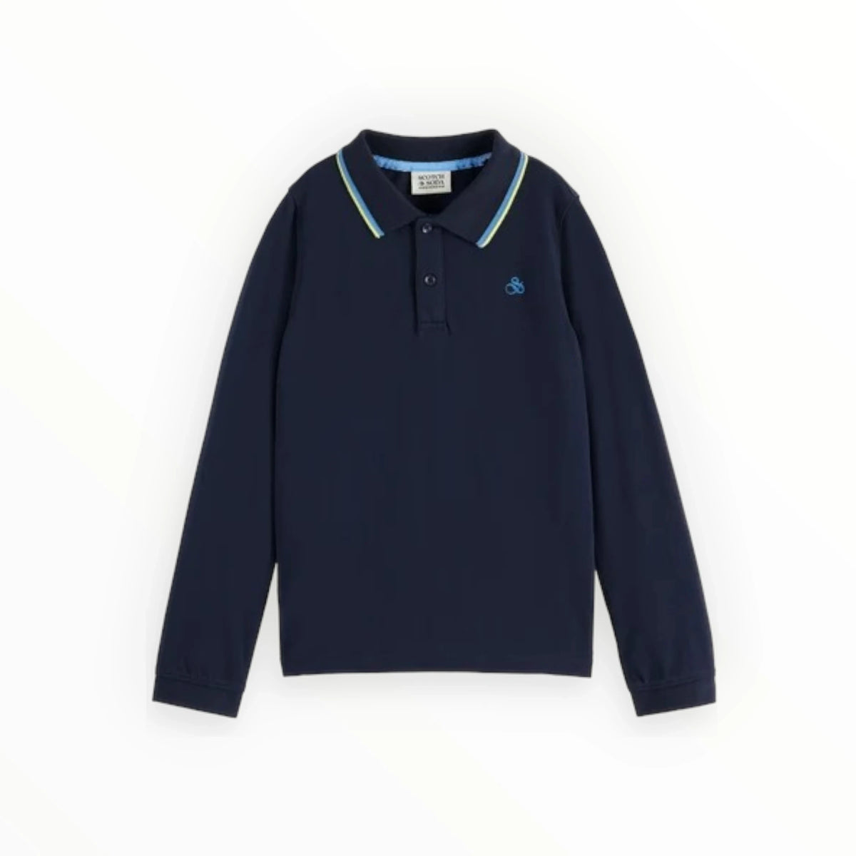 Donkerblauwe Scotch & Soda poloshirt met lange mouwen, kraag met gele strepen en geborduurd logo van Pierrot Outlet