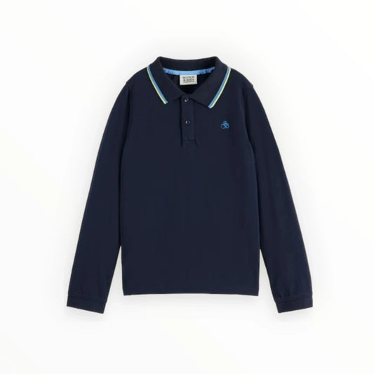 Donkerblauwe Scotch & Soda poloshirt met lange mouwen, kraag met gele strepen en geborduurd logo van Pierrot Outlet