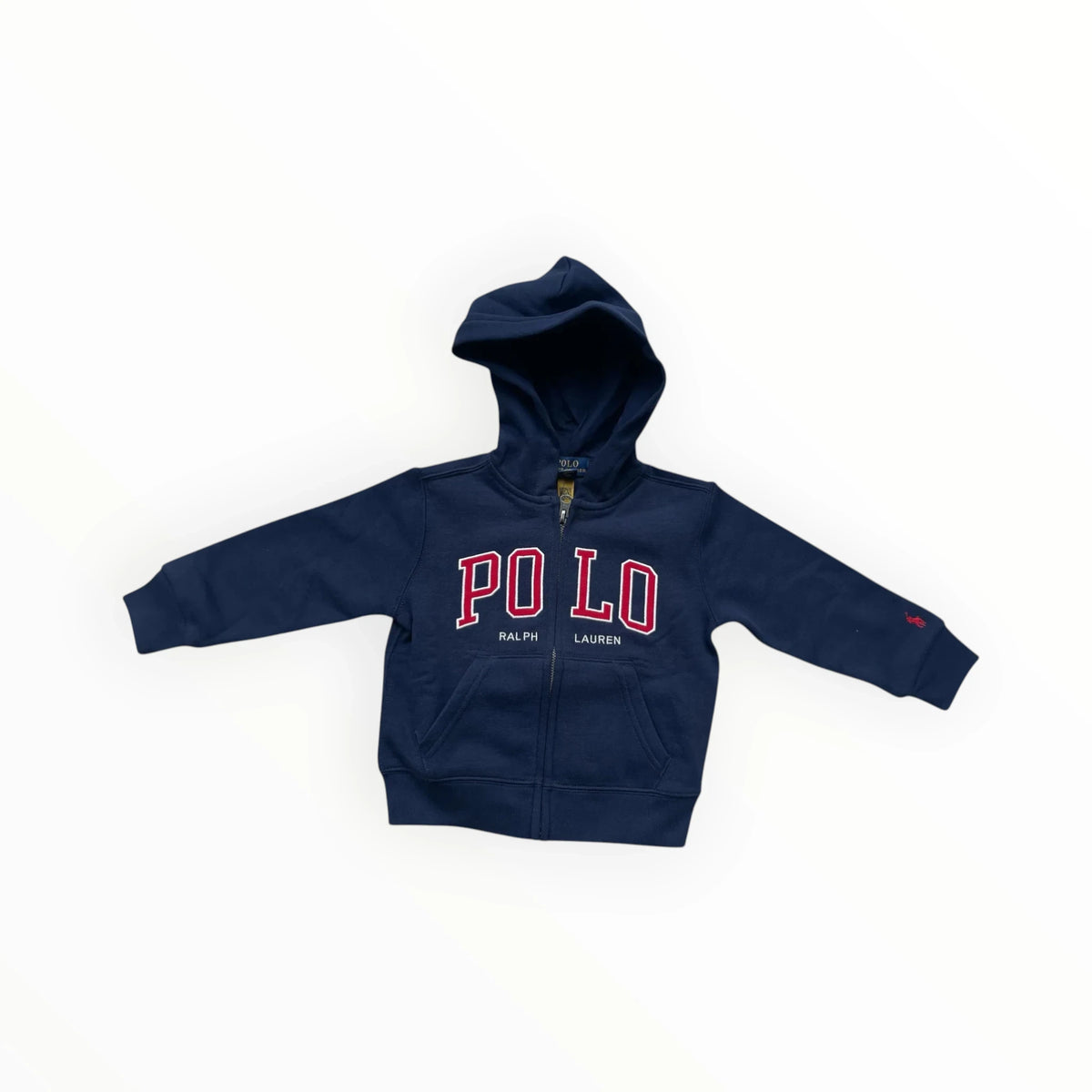 Pierrot Outlet donkerblauwe Polo Ralph Lauren hoodie met rits, capuchon en rode merkopdruk voor kinderen.