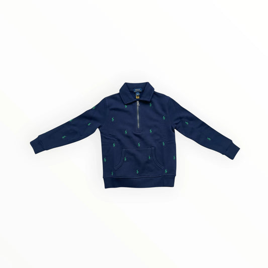 Pierrot Outlet donkerblauwe Polo Ralph Lauren sweater met halve rits, all-over logo patroon en kangoeroezak voor kids.