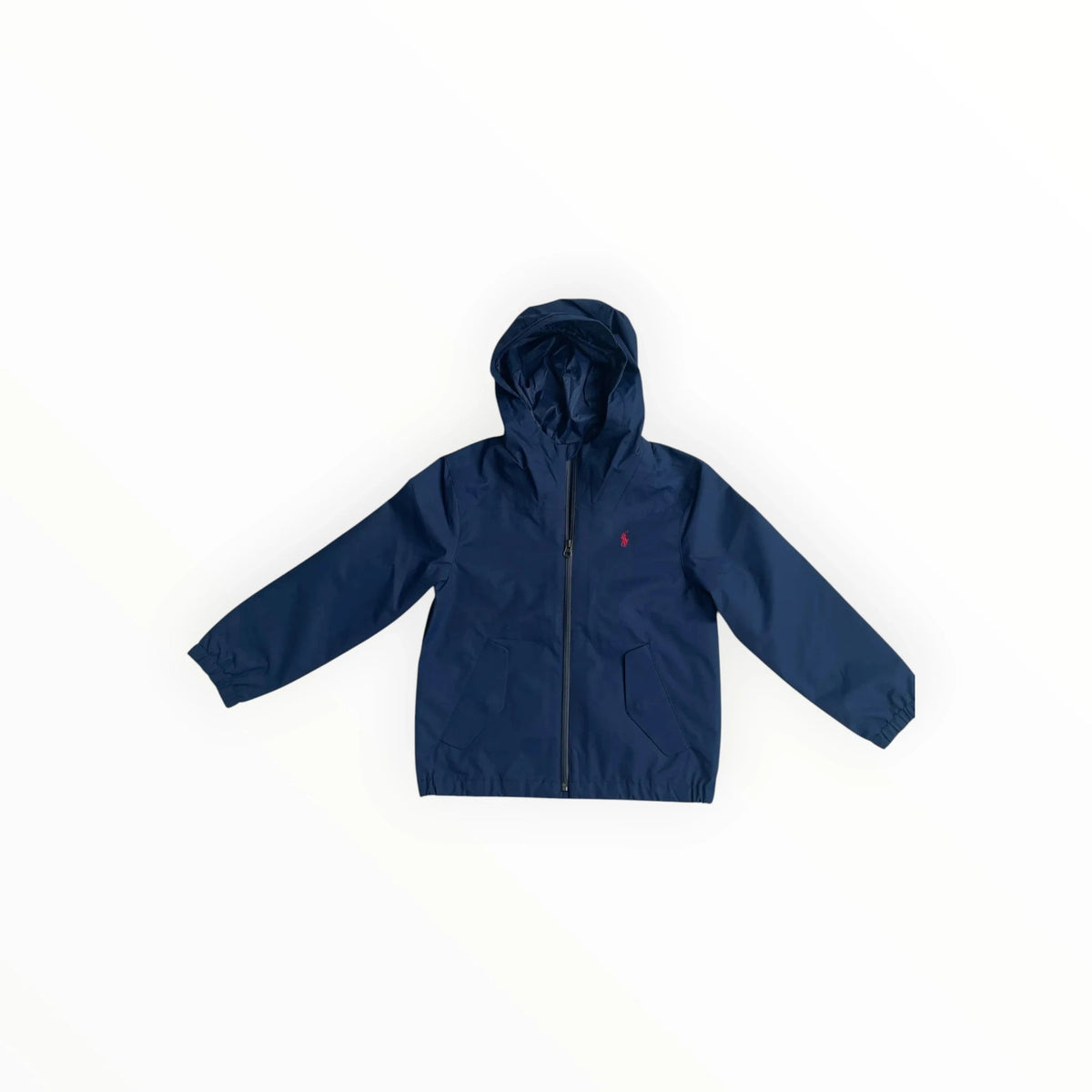 Pierrot Outlet donkerblauwe Polo Ralph Lauren jas met capuchon, ritssluiting en iconisch logo op de borst.