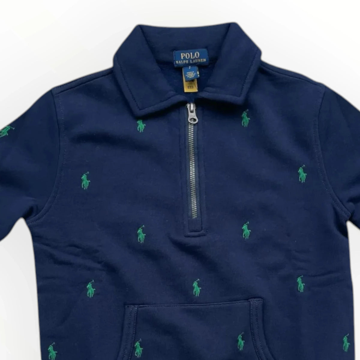Pierrot Outlet donkerblauwe Polo Ralph Lauren sweater met halve rits en groen all-over polospeler logo voor kinderen