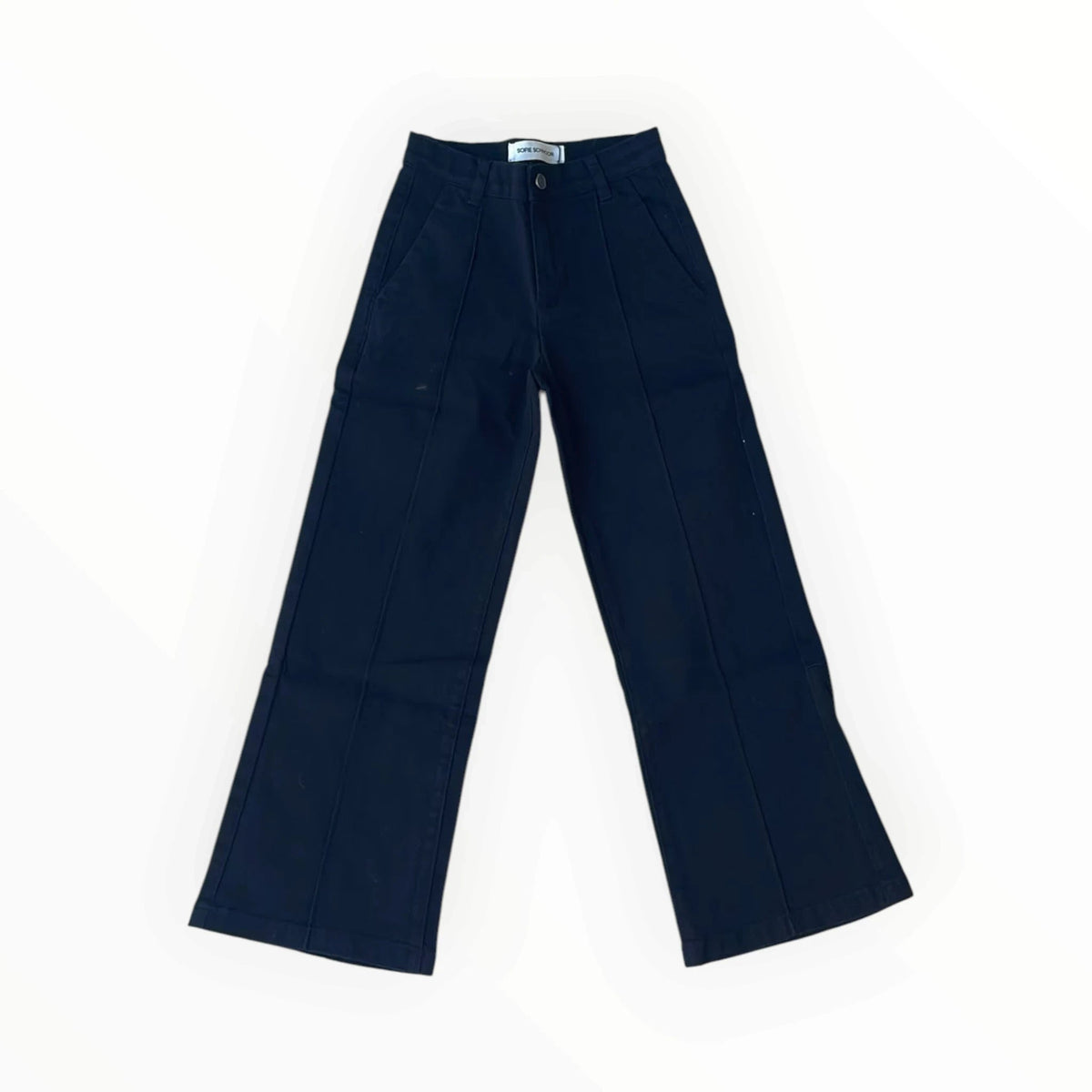 Pierrot Outlet donkerblauwe SOFIE SCHNOOR broek met wijde pijpen, katoenmix met gestructureerde stiknaden en zakken.
