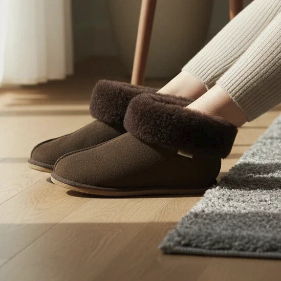 Pierrot Outlet donkerbruine suède pantoffels met warme schapenvacht voering en omgeslagen kraag voor optimaal comfort.