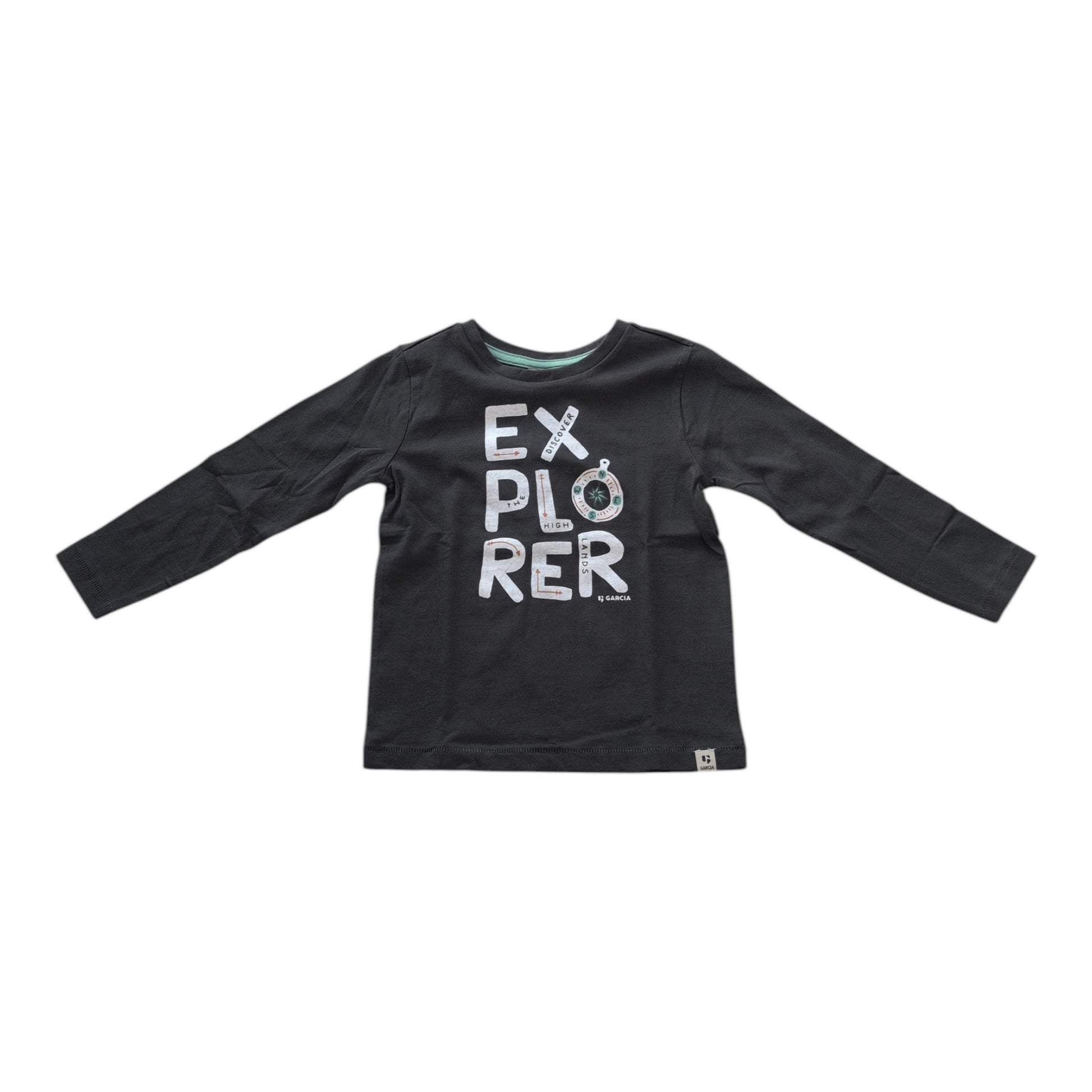 Pierrot Outlet donkergrijs katoenen shirt met lange mouwen en 'EXPLORER'-print met kompasdetail.
