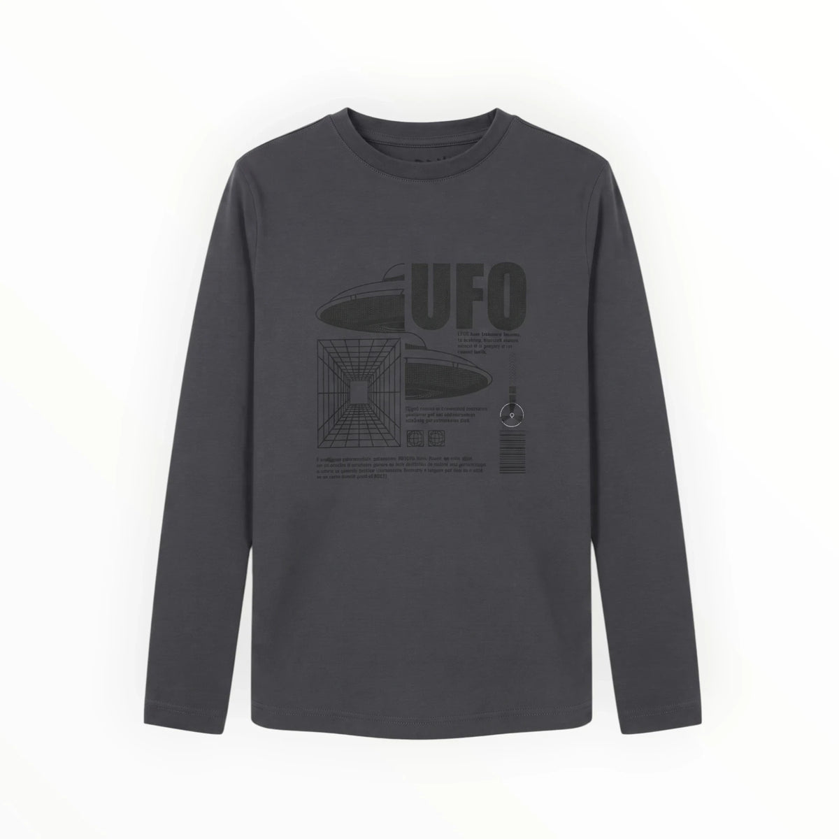 Pierrot Outlet donkergrijs katoenen T-shirt met lange mouwen en een futuristische grafische UFO-print op de borst.