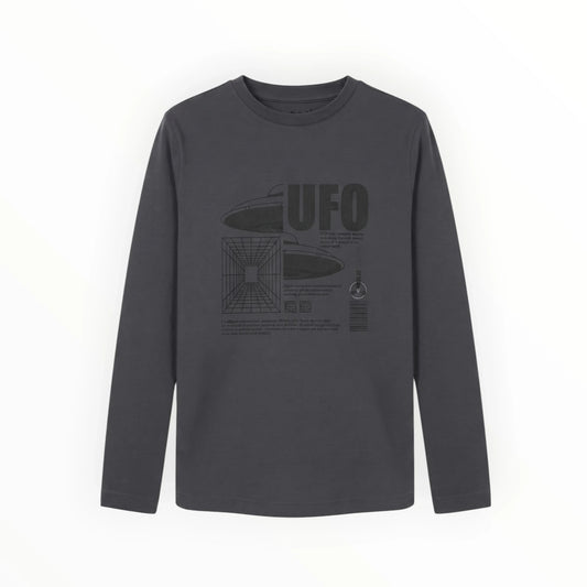 Pierrot Outlet donkergrijs katoenen T-shirt met lange mouwen en een futuristische grafische UFO-print op de borst.