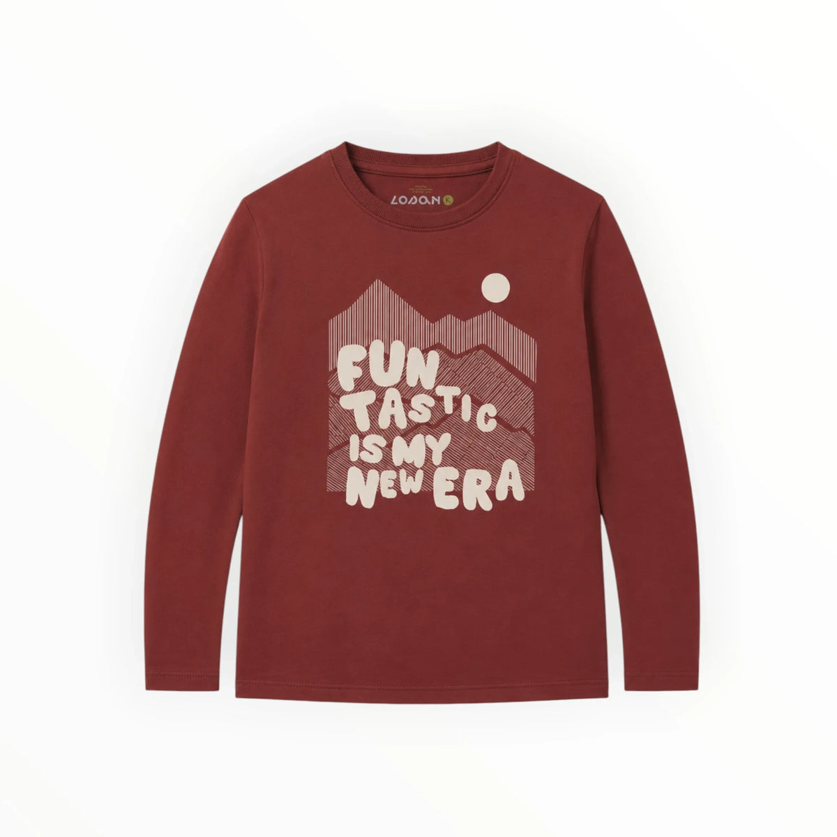 Pierrot Outlet donkerrood katoenen jongens T-shirt met lange mouwen, berglandschap print en tekst op de voorzijde
