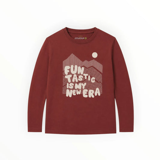 Pierrot Outlet donkerrood katoenen jongens T-shirt met lange mouwen, berglandschap print en tekst op de voorzijde