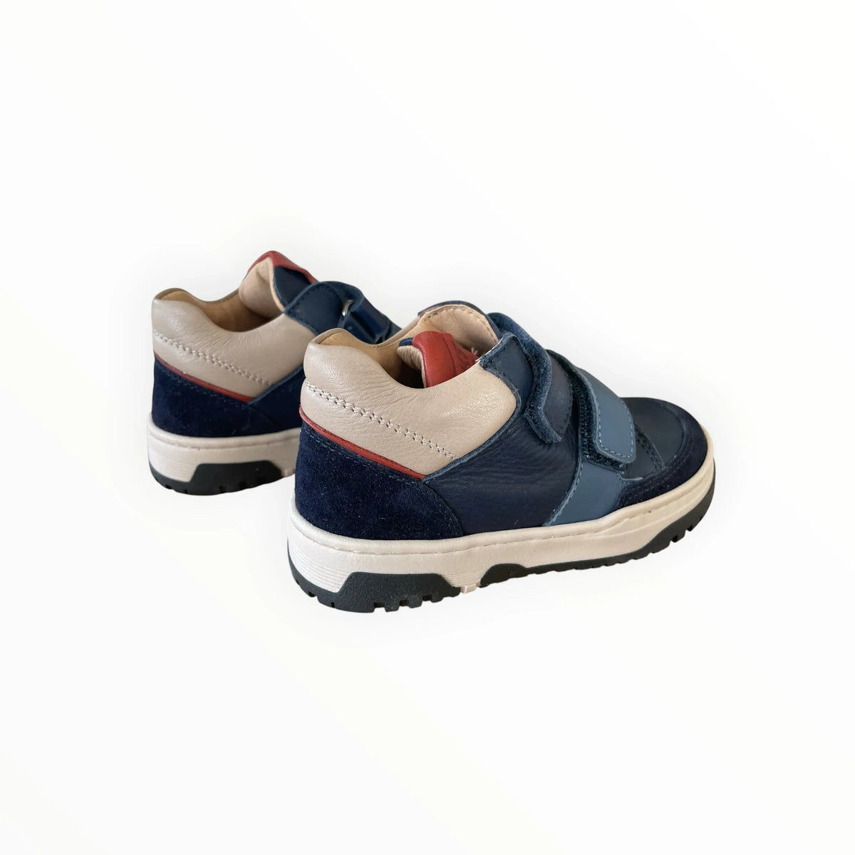Pierrot Outlet Elefanten kindersneakers van donkerblauw leer met beige en rode accenten en handige klittenbandsluiting