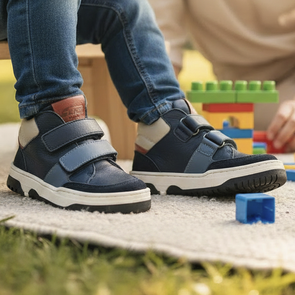 Pierrot Outlet Elefanten kindersneakers van donkerblauw leer met klittenband, beige accenten en stevige zool in park