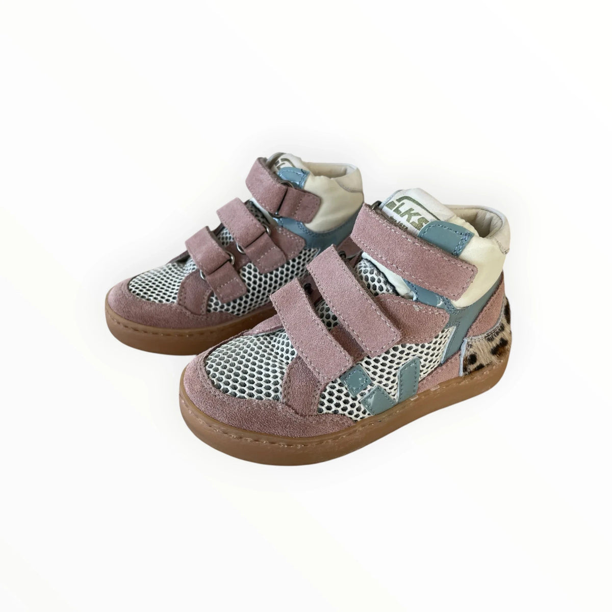 Pierrot Outlet ELKS hoge kindersneakers in roze, blauw en off-white suède met mesh en luipaardprint detail