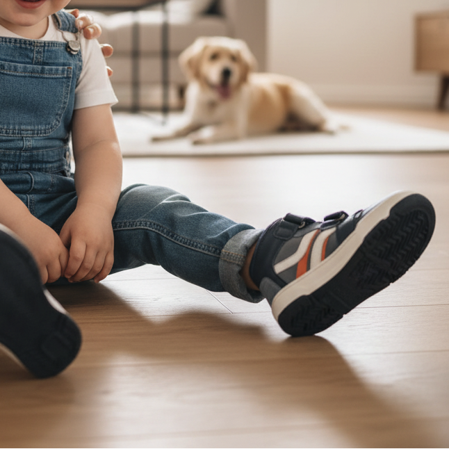 Pierrot Outlet F35 kindersneakers in blauw, grijs en oranje met klittenband, gedragen door een kind op een houten vloer