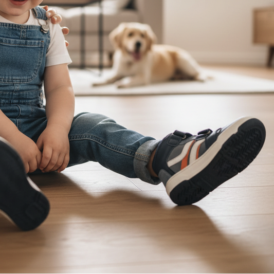 Pierrot Outlet F35 kindersneakers in blauw, grijs en oranje met klittenband, gedragen door een kind op een houten vloer