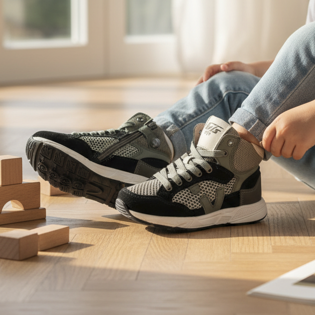 Pierrot Outlet F42 high-top sneakers in groen, zwart en wit met mesh en suède-look, gedragen door een jongetje.