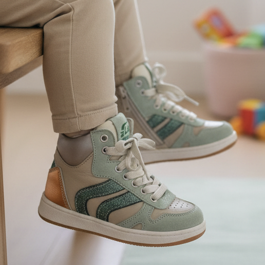 Kind draagt Pierrot Outlet F43 high-top sneakers in beige, mintgroen en metallic koper met glitterdetails op een bankje