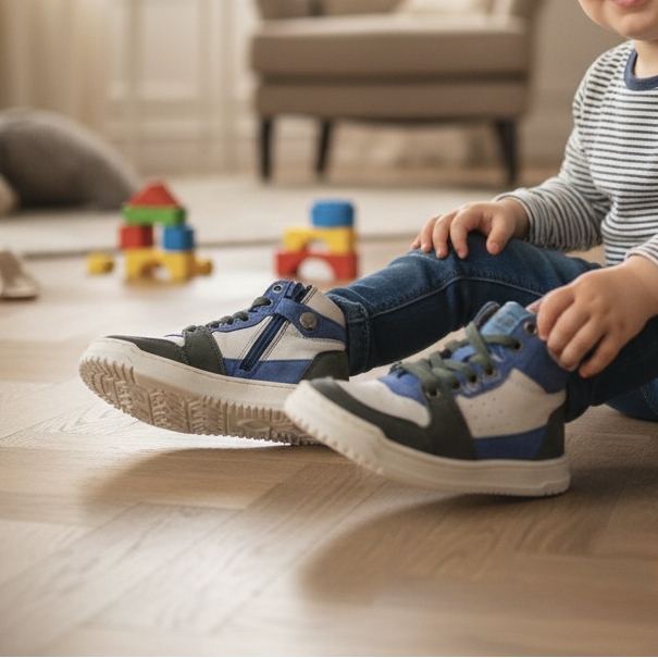 Peuter draagt Pierrot Outlet F49 hoge sneakers in blauw, grijs en wit leer met veters en ritssluiting in woonkamer.