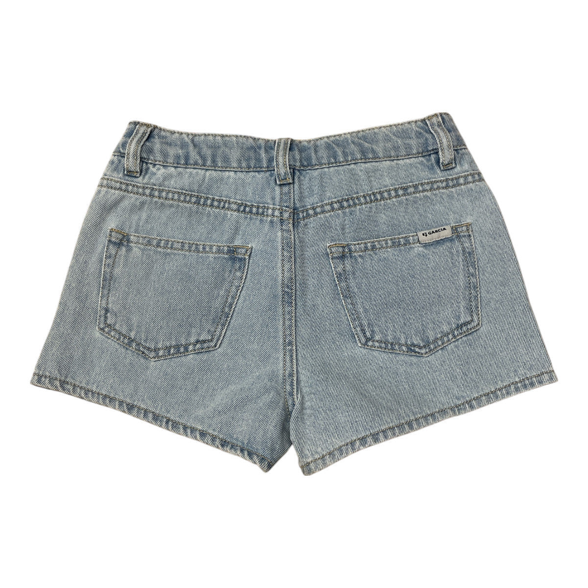 Pierrot Outlet Garcia denim shorts met palmboom borduursel, lichtblauw, katoen, vijf zakken, ritssluiting.