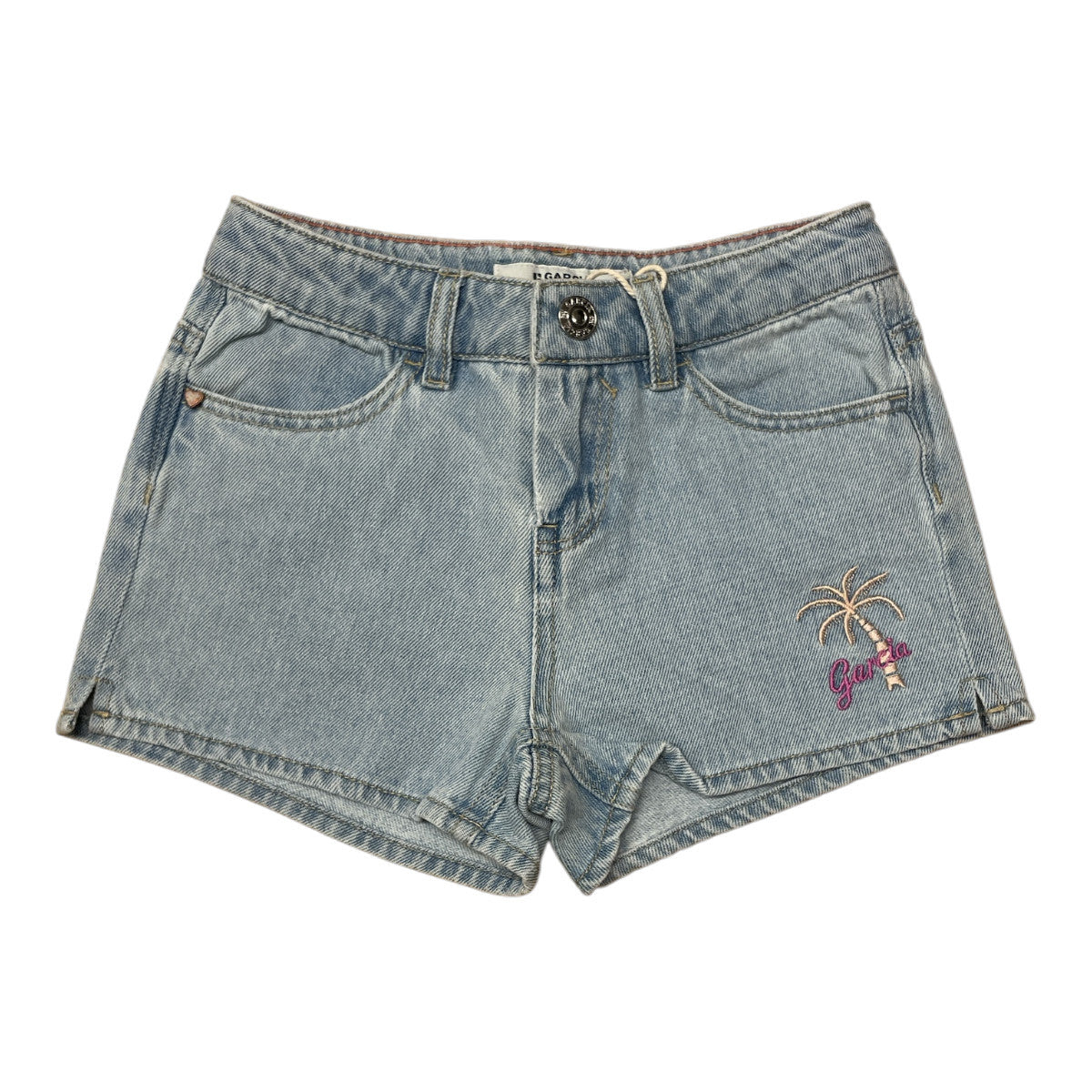 Pierrot Outlet Garcia Denim Shorts met palmboom borduursel, lichtblauw katoen, 5-zakken stijl, ritssluiting en knoopsluiting.