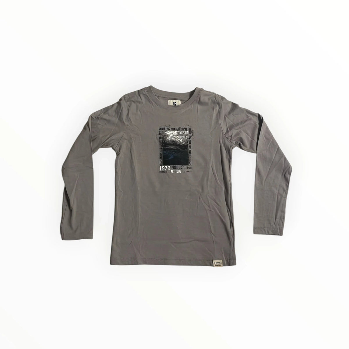 Pierrot Outlet grijze GARCIA katoenen longsleeve met grafische topografische print op de voorzijde