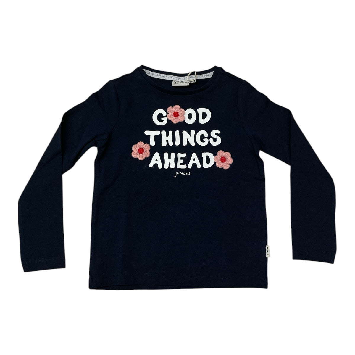 Pierrot Outlet Garcia marineblauw katoenen shirt met lange mouwen en 'Good Things Ahead' tekst met bloemenprint.