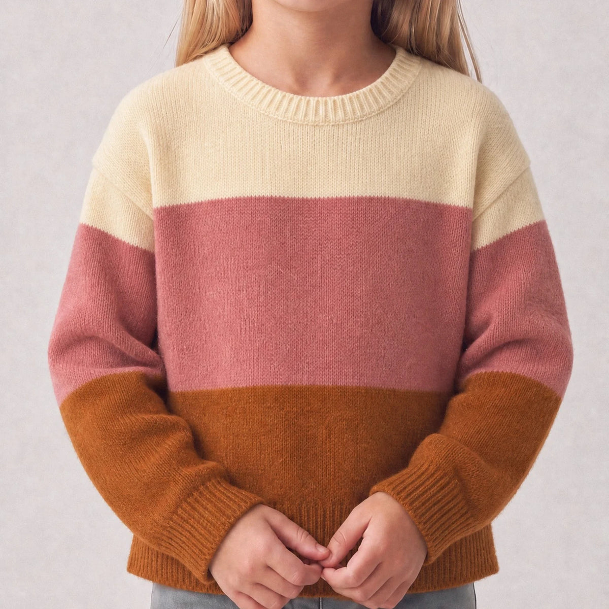 Pierrot Outlet gebreide kindertrui met color-block design in crème, roze en bruin met ronde hals en ribboorden