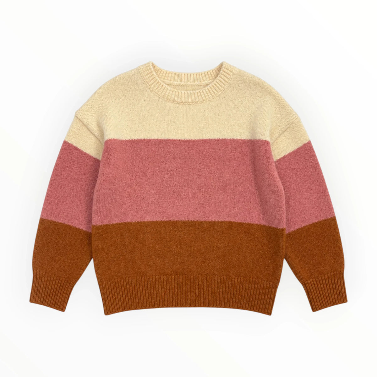 Pierrot Outlet gebreide kindertrui met color-block design in crème, roze en bruin met ronde hals en ribboorden.
