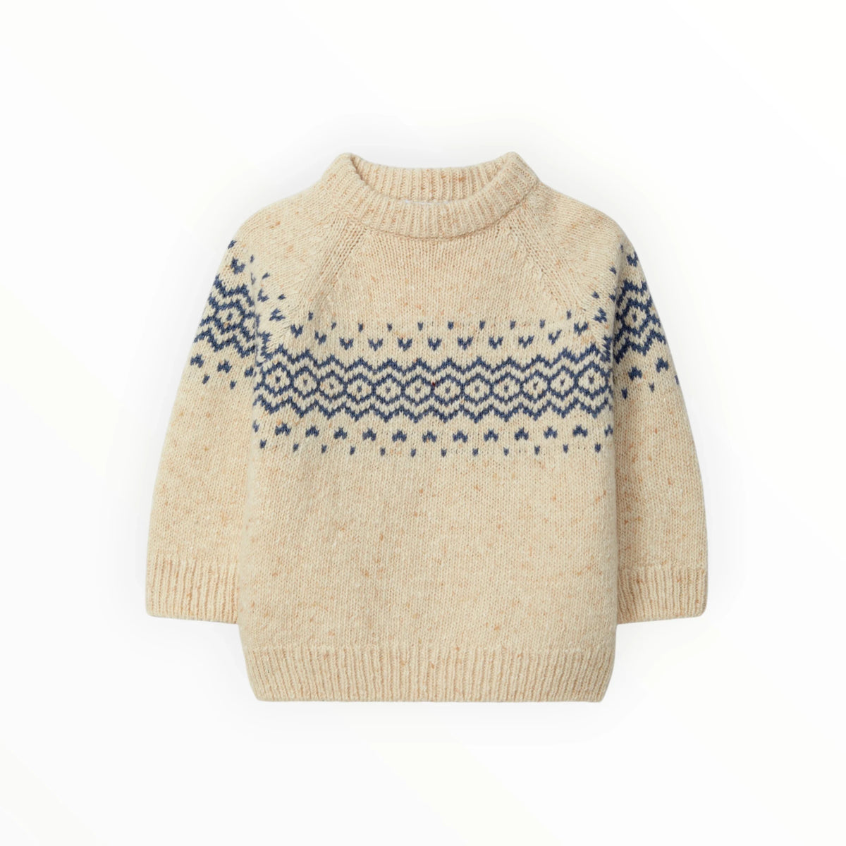 Pierrot Outlet gebreide kindertrui in beige met blauw Scandinavisch Fair Isle patroon en raglanmouwen