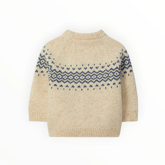 Pierrot Outlet gebreide kindertrui in beige met blauw Scandinavisch Fair Isle-patroon en raglanmouwen
