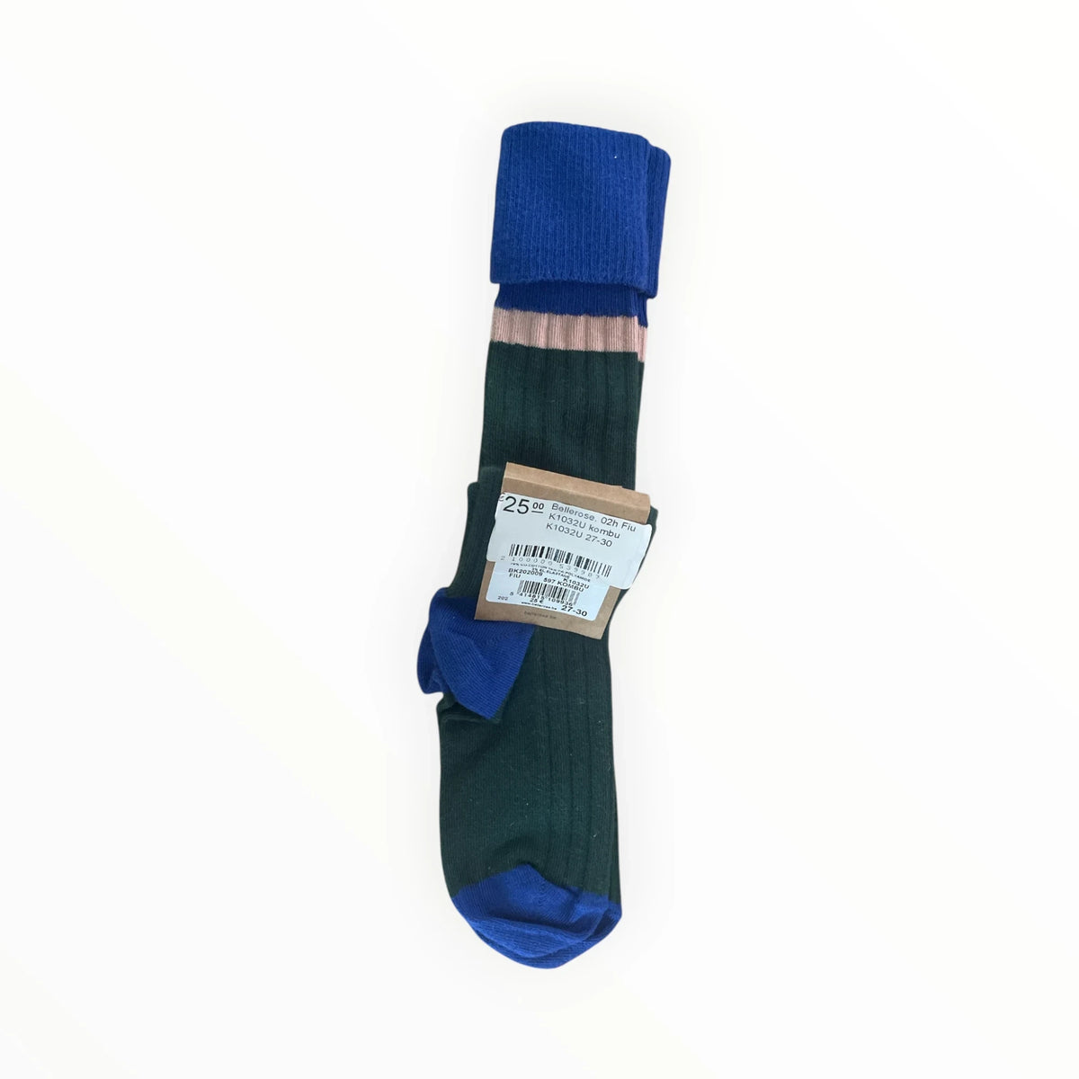 Pierrot Outlet gebreide kniekousen voor kinderen in donkergroen met blauwe accenten en een roze streep.
