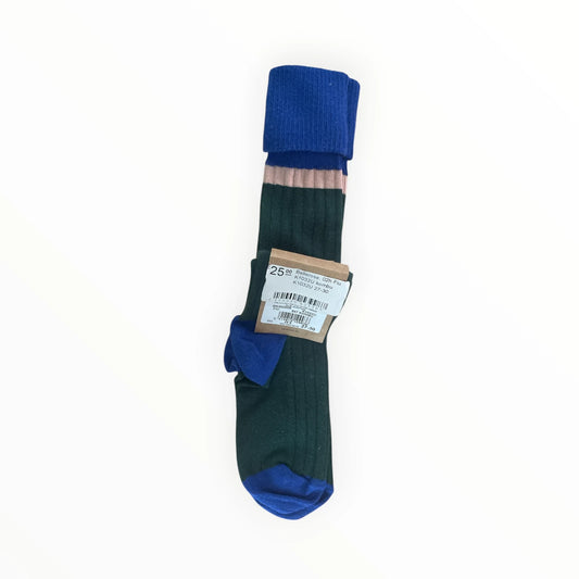 Pierrot Outlet gebreide kniekousen voor kinderen in donkergroen met blauwe accenten en een roze streep.