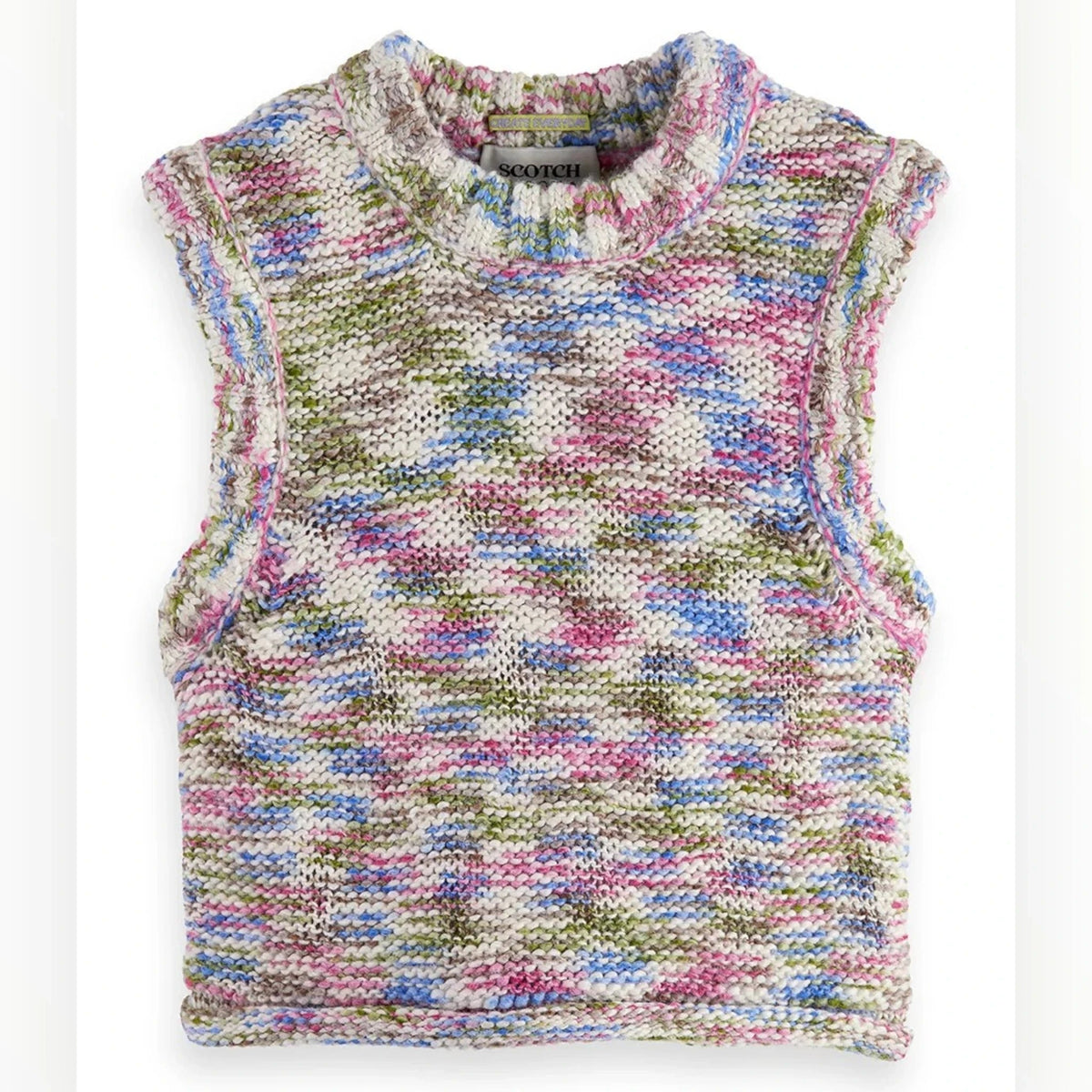 Pierrot Outlet Scotch & Soda gebreide mouwloze top met veelkleurig roze, blauw en groen garen en opstaande kraag.