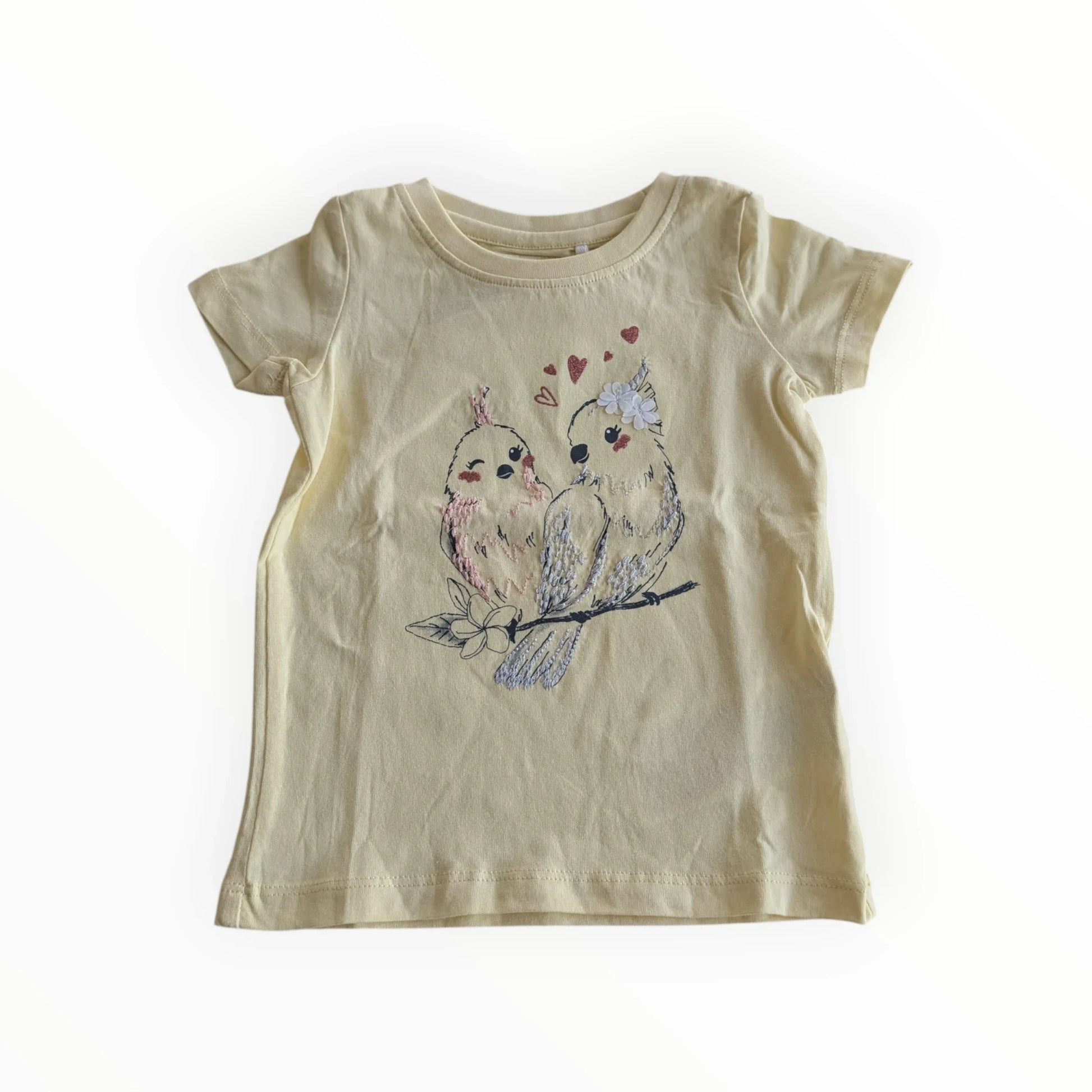 Pierrot Outlet geel katoenen T-shirt met korte mouwen en geborduurde vogelprint met hartjes. Kinderkleding.