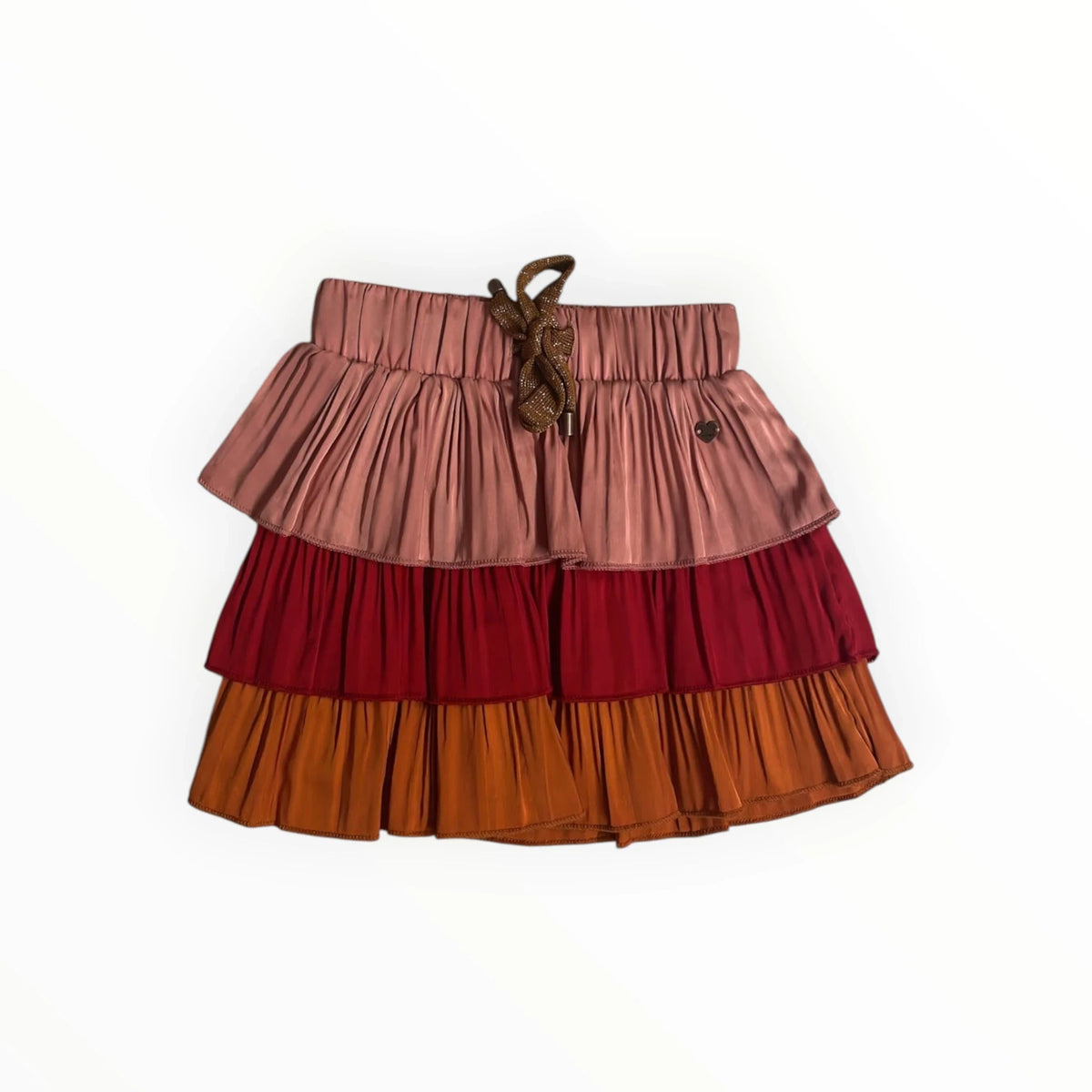 Pierrot Outlet gelaagde rok in roze, rood en oranje met elastische tailleband, glinsterend strikje en hart-embleem.