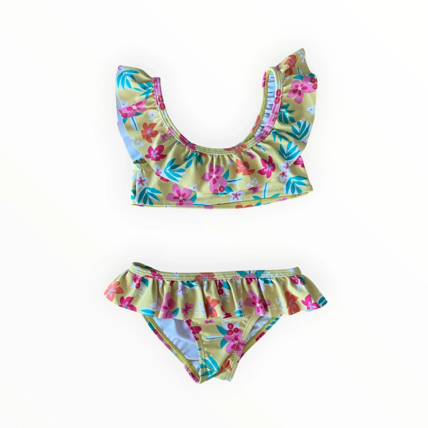 Pierrot Outlet tweedelige gele bikini voor kinderen met kleurrijke bloemenprint en schattige ruches.