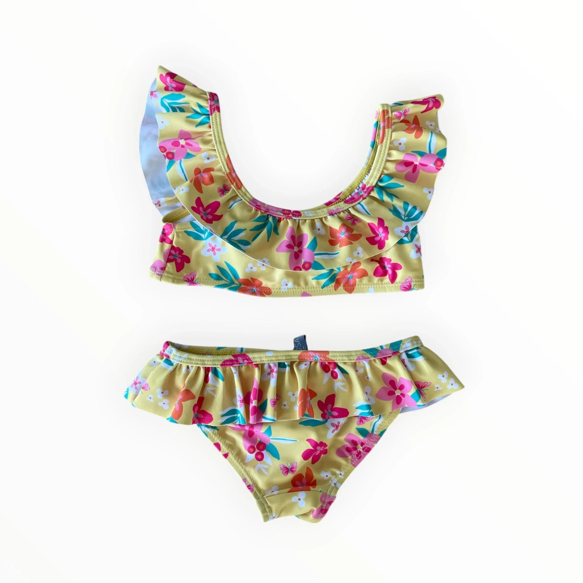 Pierrot Outlet tweedelige gele bikini voor kinderen met kleurrijke bloemenprint en schattige ruches.