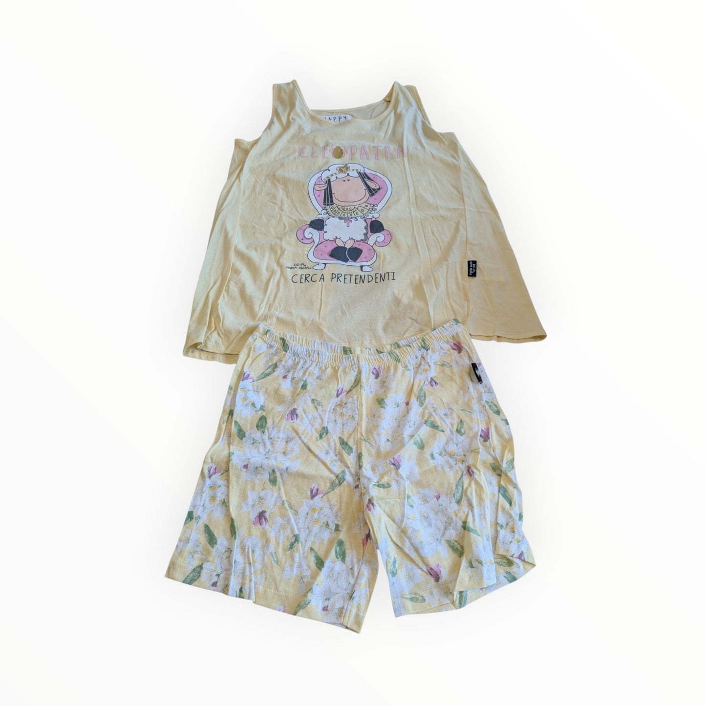 Pierrot Outlet tweedelige pyjamaset met gele tanktop met print en short met bloemenmotief voor dames