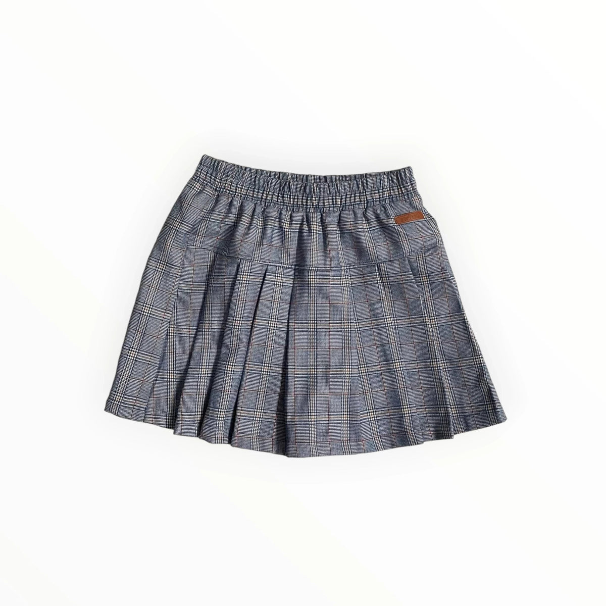 Pierrot Outlet geplooide meisjesrok in grijs ruitpatroon met elastische tailleband en lederlook detail