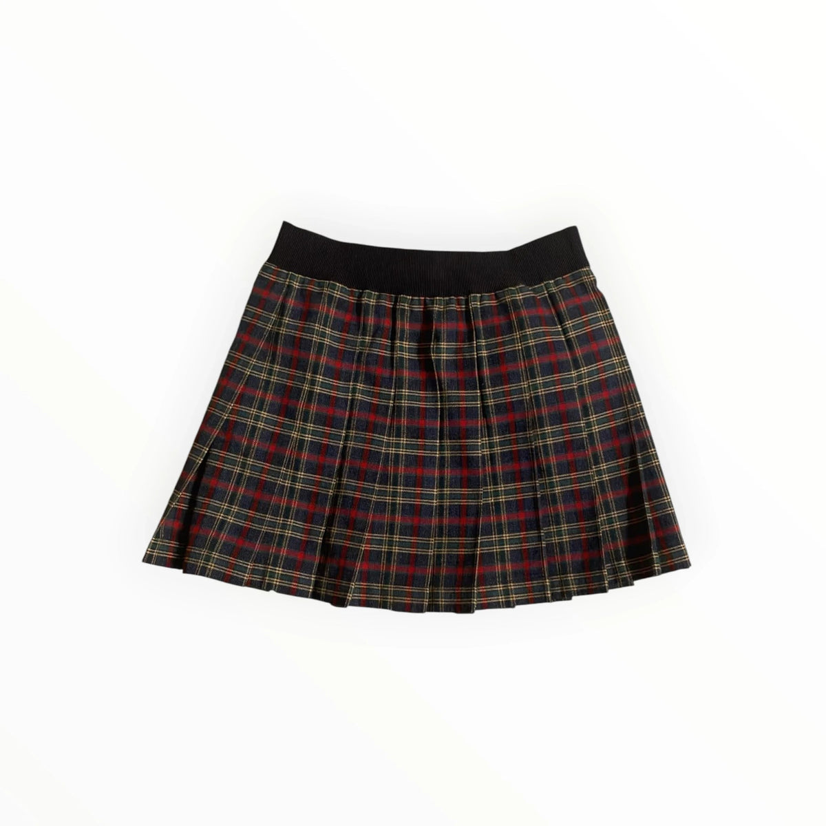 Pierrot Outlet geplooide rok met rood, marineblauw en geel ruitpatroon en een zwarte elastische tailleband.